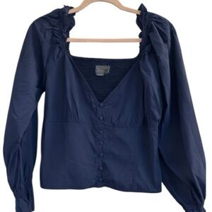 Anthropologie Navy Button-Front Peasant Top